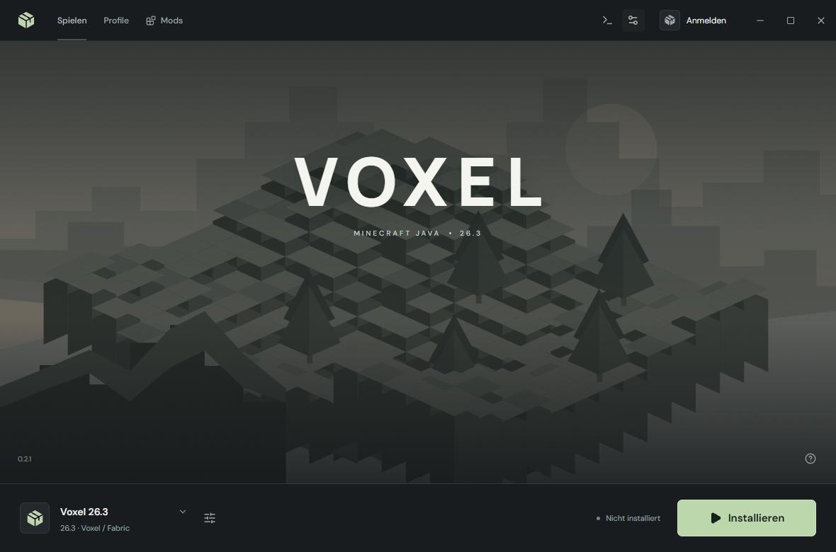Voxel Launcher 0.2.1 mit eigener Fensterleiste, Landschaft und Profilauswahl.